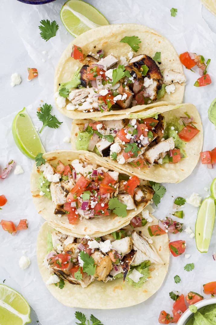 Overhead view of Cilantro Lime Chicken Tacos with Pico de Gallo