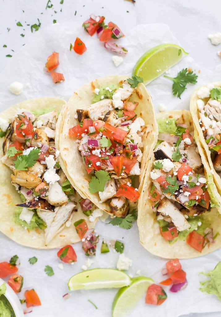 Overhead view of Cilantro Lime Chicken Tacos with Pico de Gallo