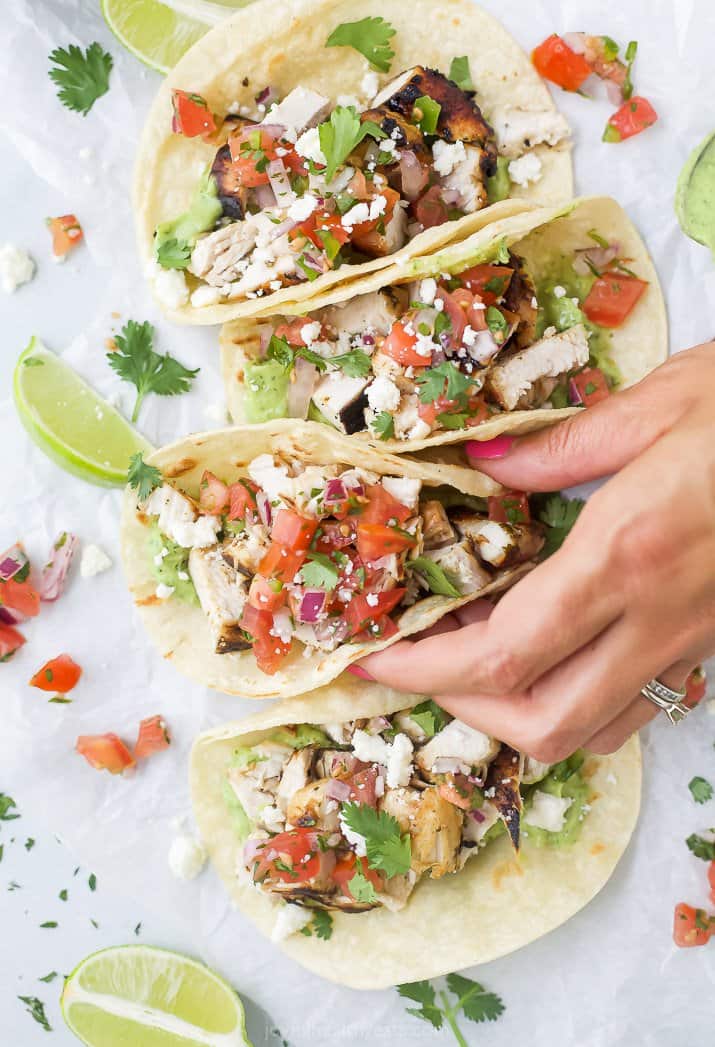 Overhead view of Cilantro Lime Chicken Tacos with Pico de Gallo