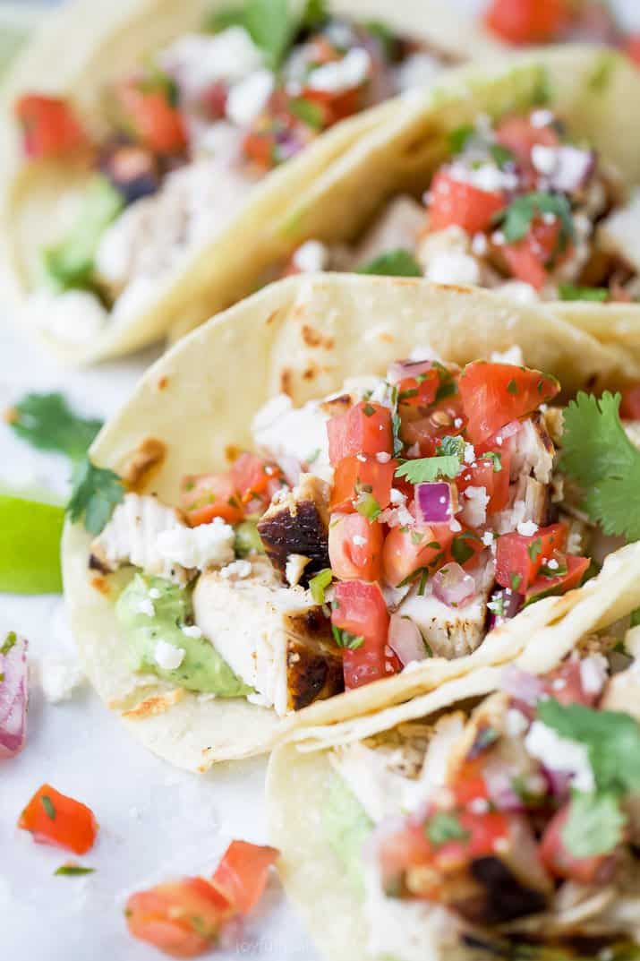 Overhead view of Cilantro Lime Chicken Tacos with Pico de Gallo