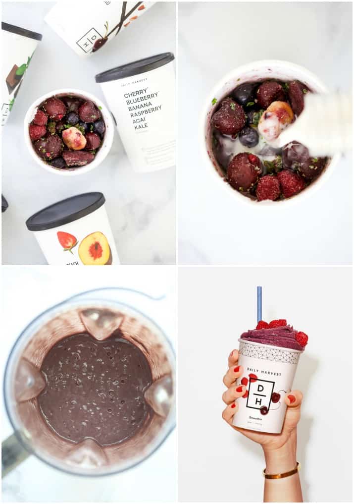 collage of how to make a daily harvest smoothie