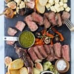 overhead view of a steak charcuterie board