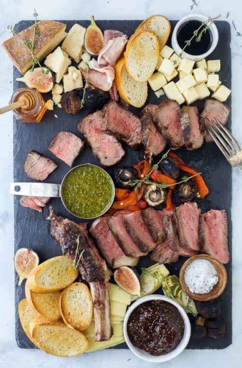 overhead view of a steak charcuterie board