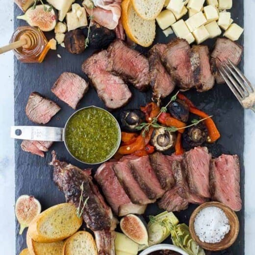 overhead view of a steak charcuterie board