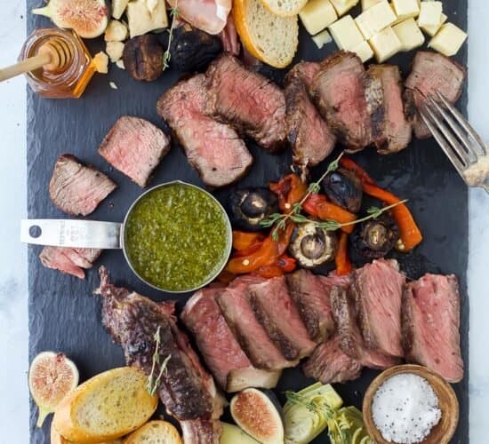 overhead view of a steak charcuterie board