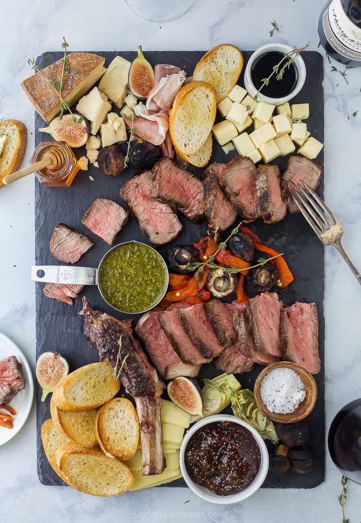 overhead view of a steak charcuterie board