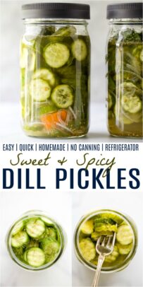 pinterest image for sweet and spicy dill pickles