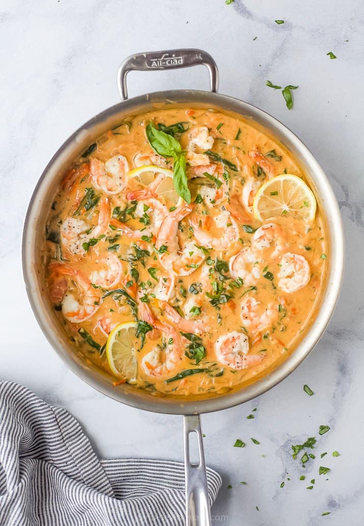 Creamy Tuscan Shrimp in a Skillet