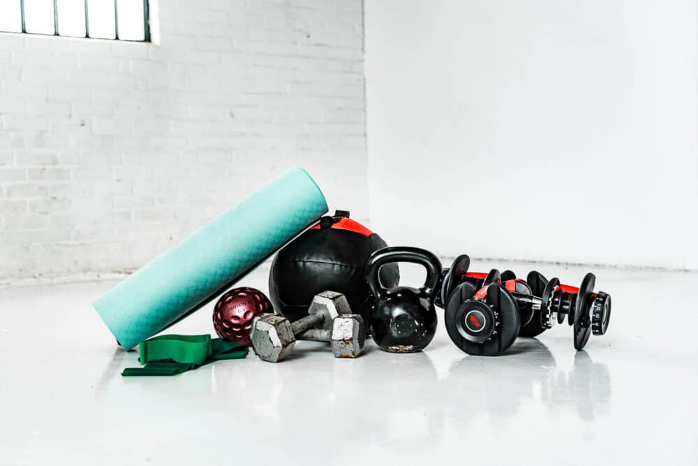 a pile of workout gear stacked together