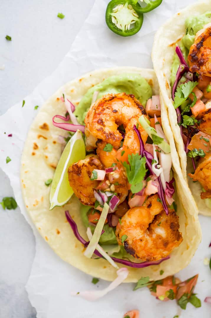 close up of spicy shrimp tacos