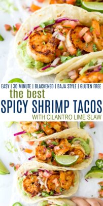 pinterest image for spicy shrimp tacos with cilantro lime slaw
