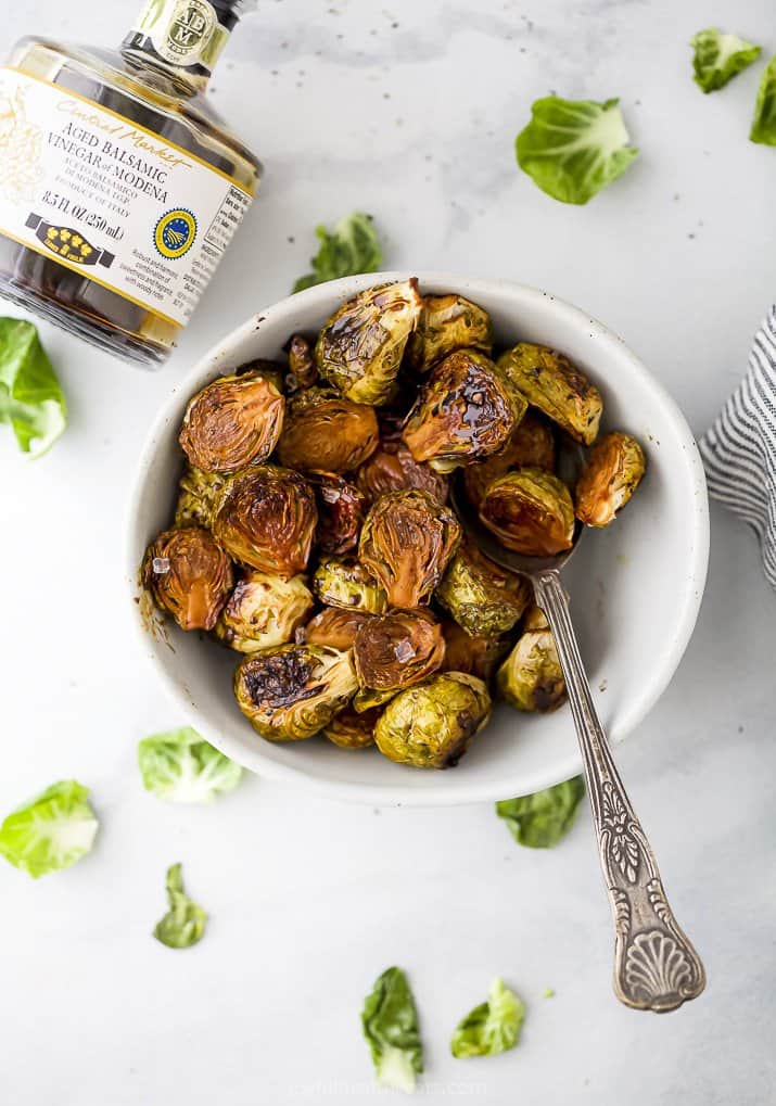 a bowl filled with balsamic brussel sprouts