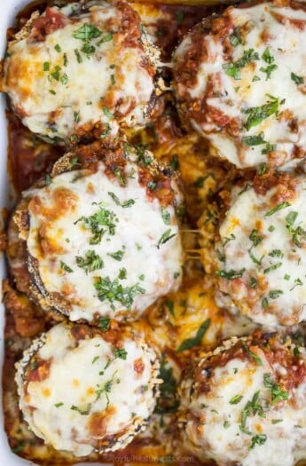 eggplant parmesan in a baking dish