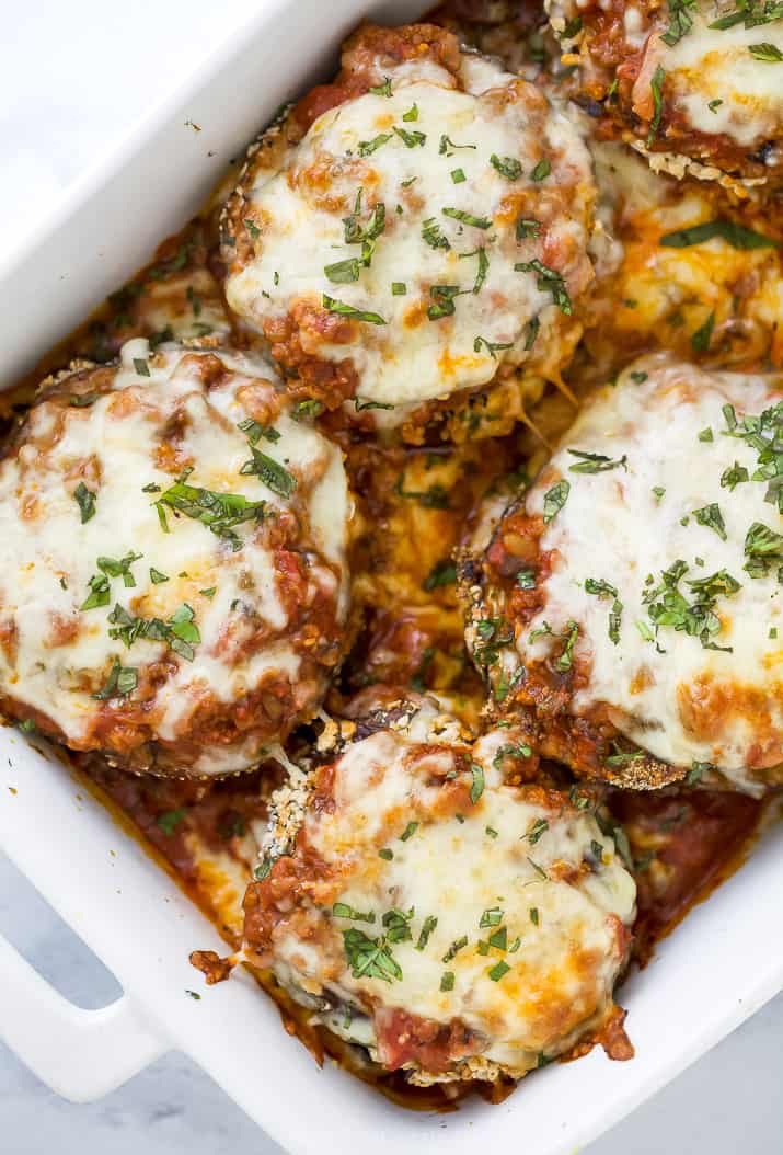 eggplant parmesan in a baking dish