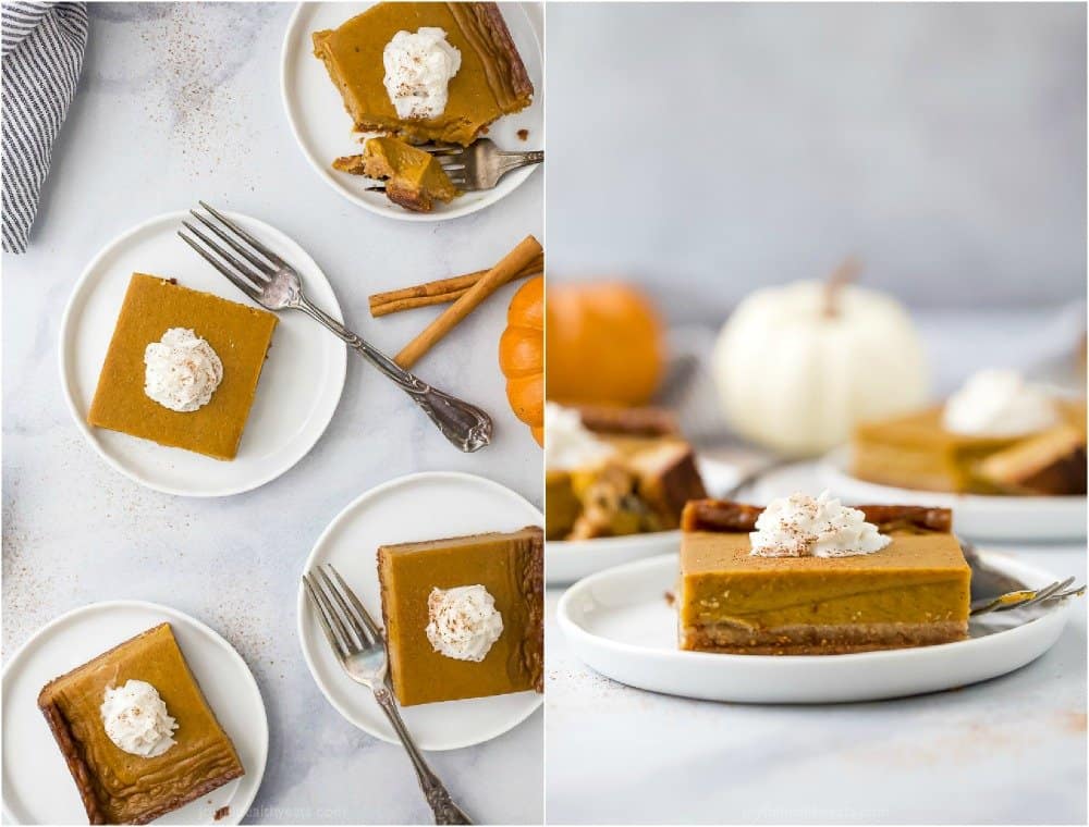 pumpkin pie bars on a plate with forks