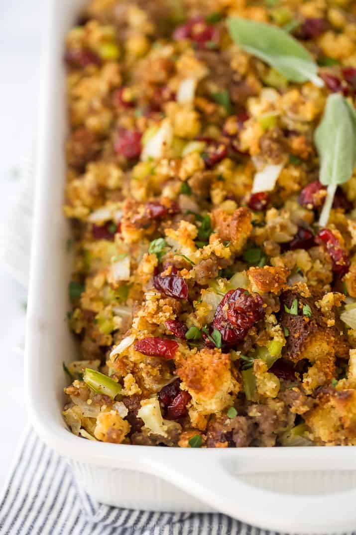 close up on a baking dish filled with sausage stuffing