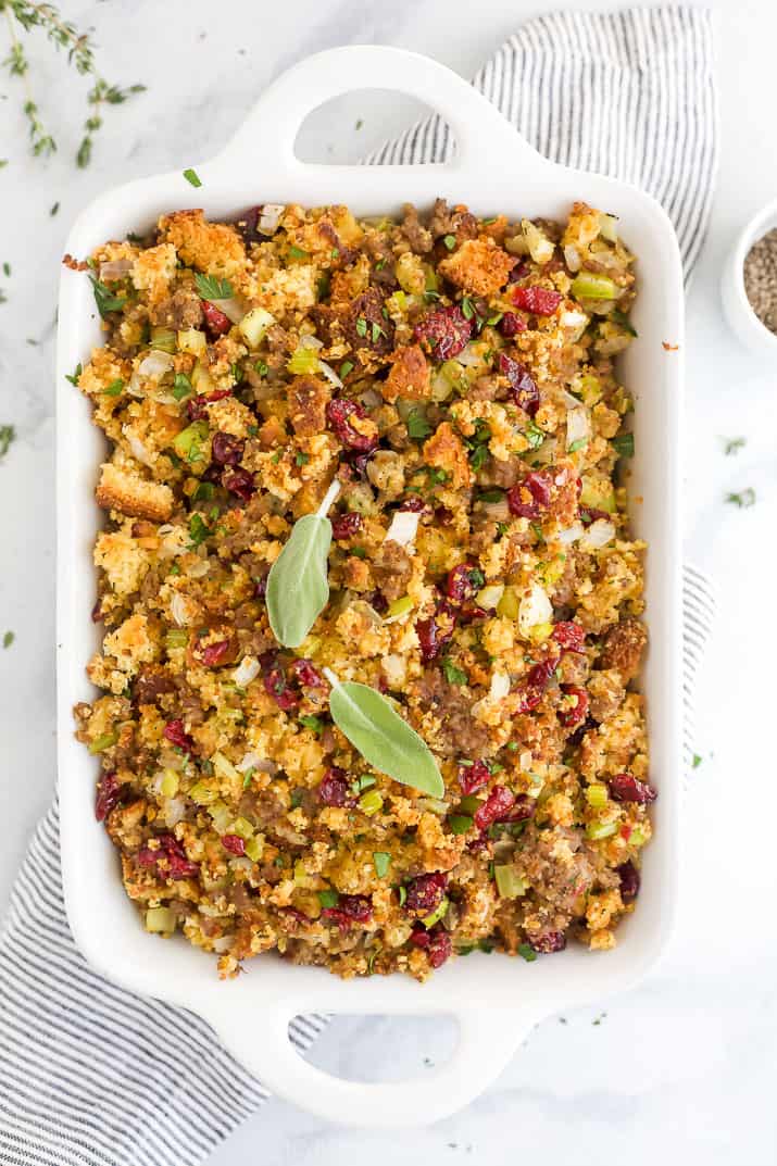 a baking dish filled with stuffing