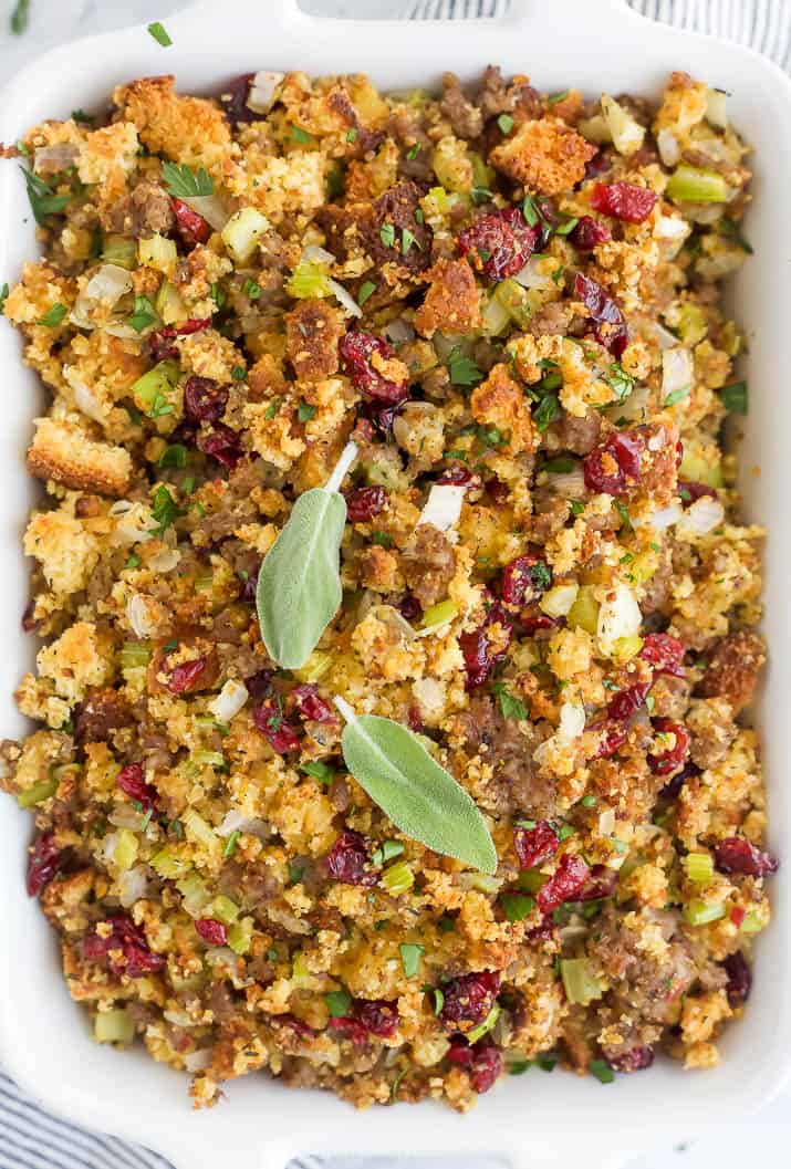 close up of cornbread stuffing with cranberries
