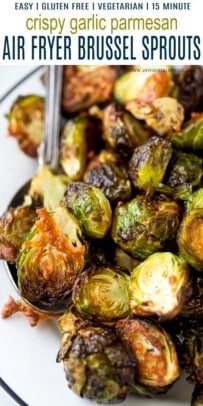 pinterest image for garlic parmesan air fryer brussel sprouts