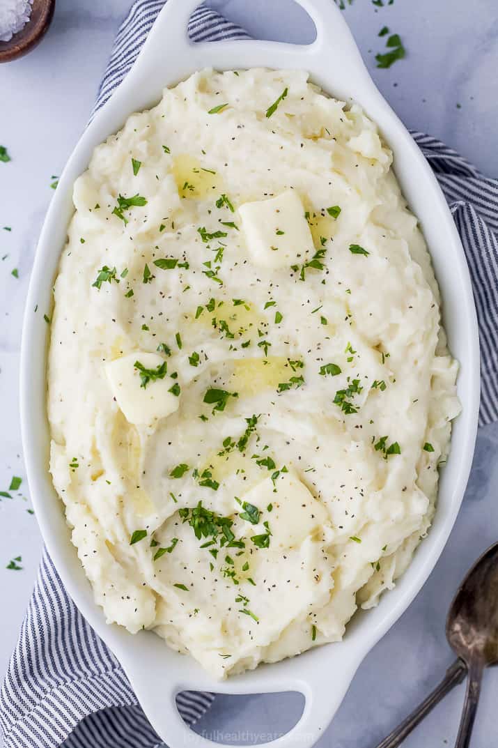 close up of a baking dish filled with mashed potatoes