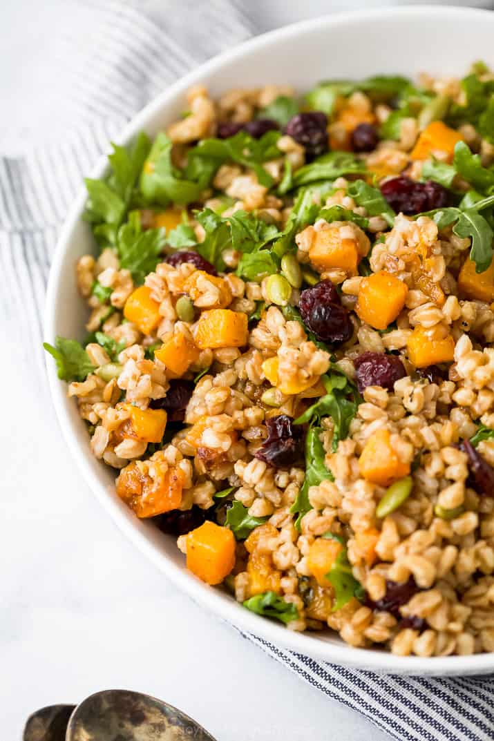 close up of a bowl filled with farro salad