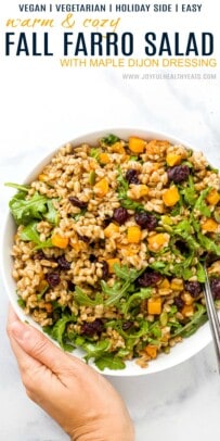 pinterest image for warm fall farro salad