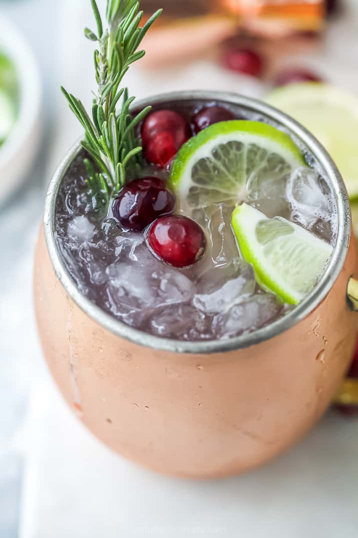 close up of mug filled with cranberry moscow mule