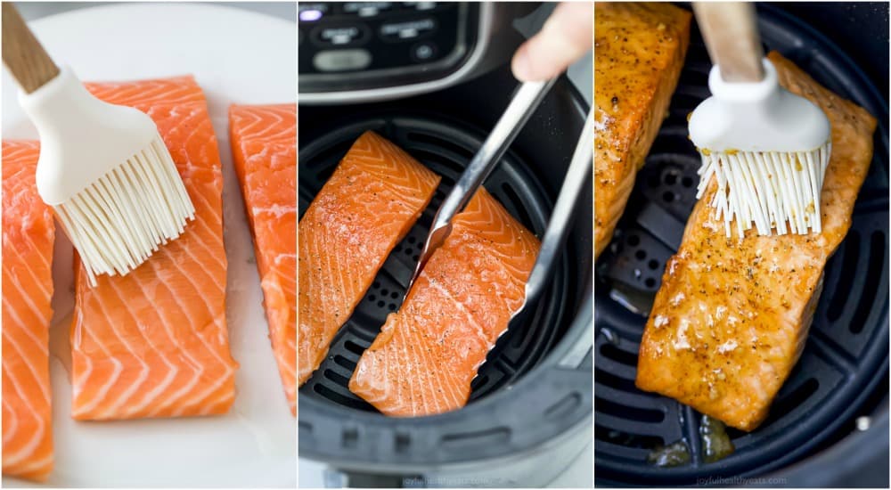 A Collage of Images of Salmon Before, During and After Being Cooked