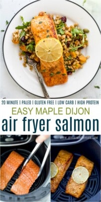 A Plate with Perfectly Cooked Salmon Above Two Images of Salmon Filets in the Air Fryer
