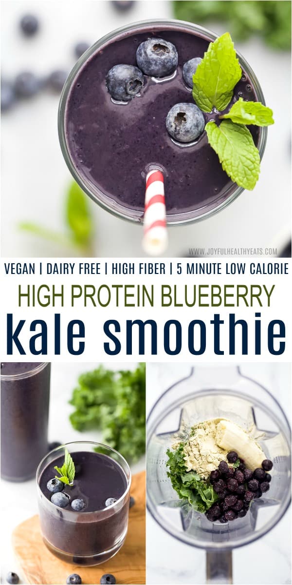 A Collage of Three Images of Blueberry Kale Protein Smoothies