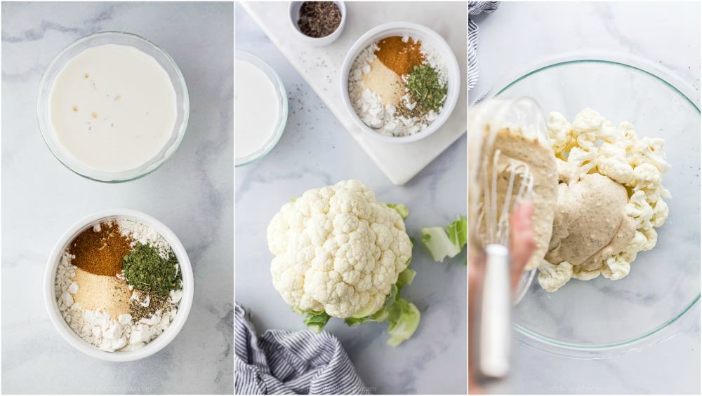 A bowl of spices, next to a cauliflower head and a bowl of ingredients