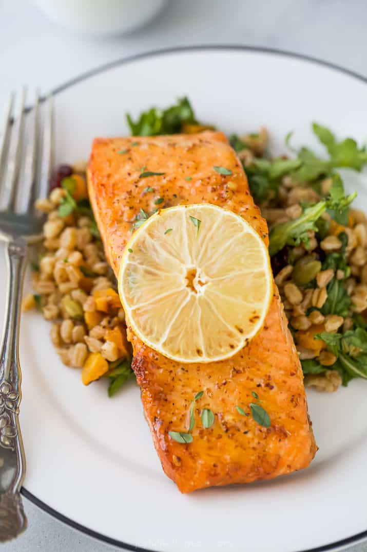 A Plate of Air Fryer Salmon Over a Farro Salad