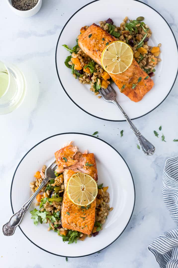 Two Plates Filled with Air Fryer Salmon and Farro Salad