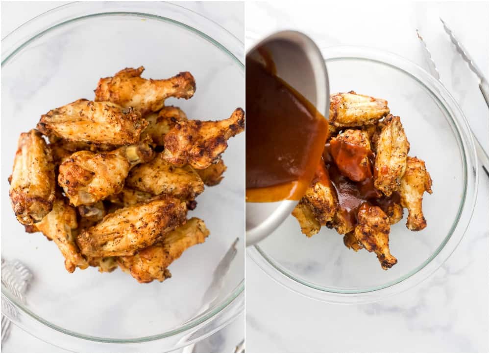 Side by side images of honey barbecue sauce being poured over a bowl of chicken wings.