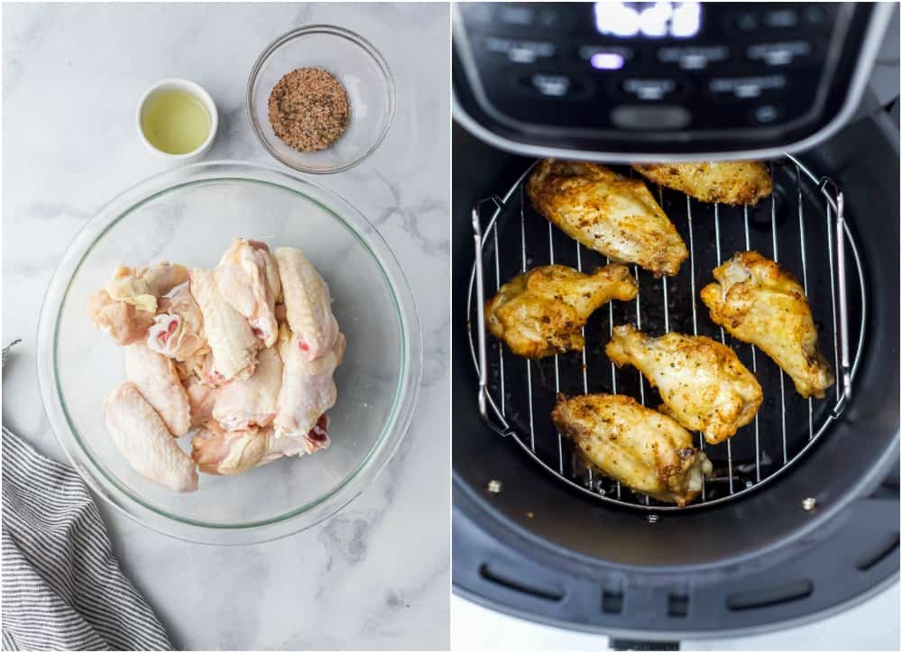 Side by side images of seasoned chicken wings in a bowl and crispy wings inside the air fryer.