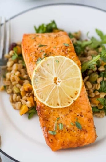 A Plate of Air Fryer Salmon Over a Farro Salad