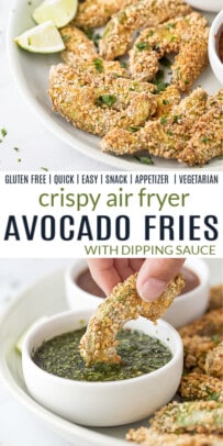 pinterest image for crispy air fryer avocado fries