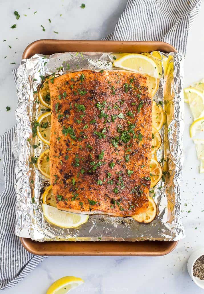 whole30 baked salmon on a baking sheet