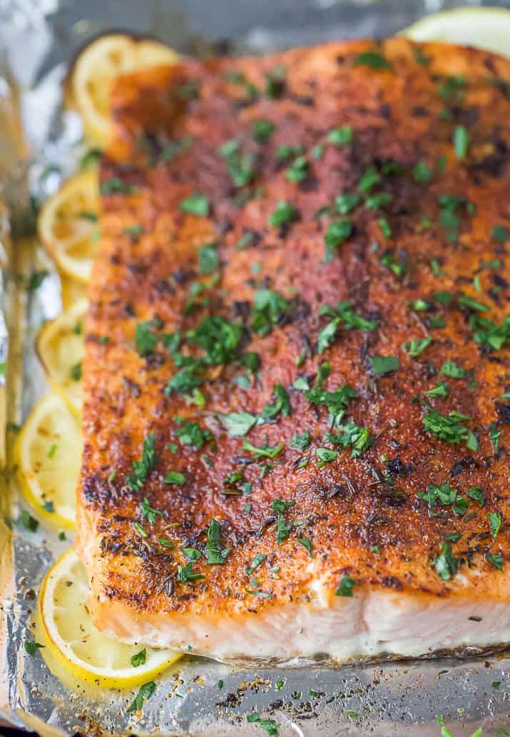 closeup of baked salmon with spice rub