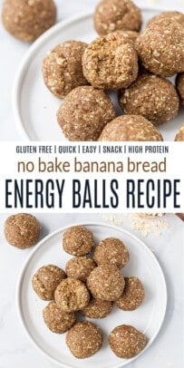 pinterest image for no bake banana bread energy bites