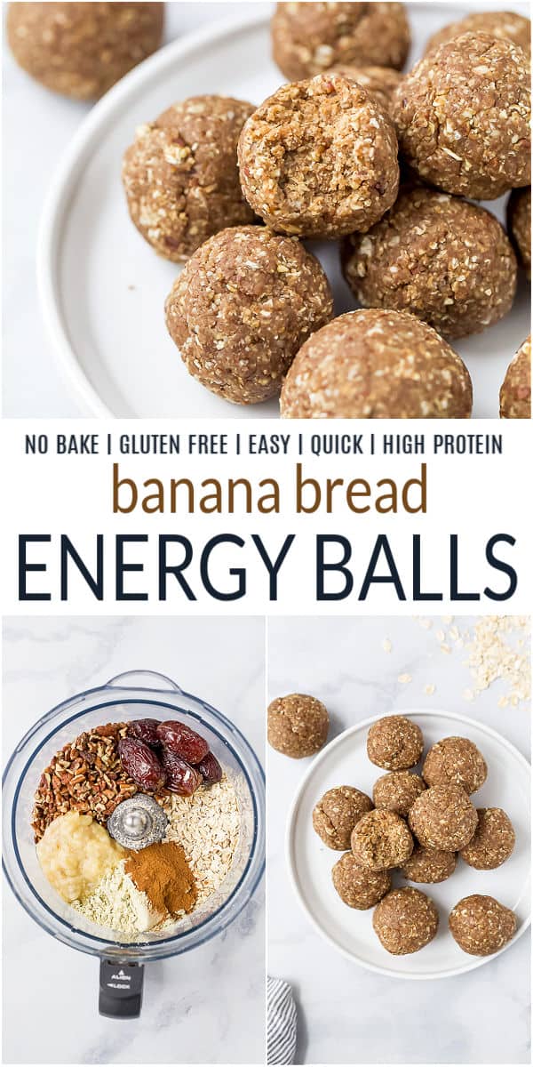 pinterest image for no bake banana bread energy balls