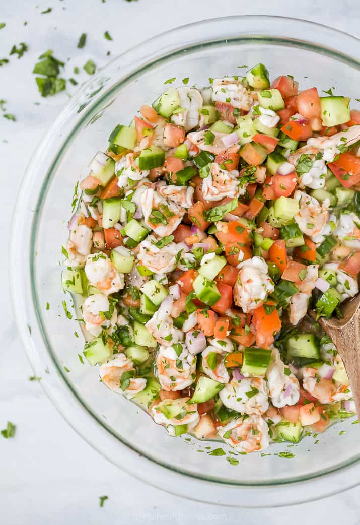 A Close-Up Shot of Shrimp Ceviche in a Glass Bowl