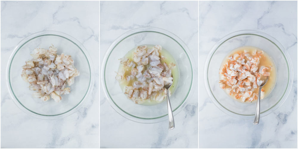 A Collage of Three Images of Shrimp Cooking in a Bowl of Fresh Lime Juice