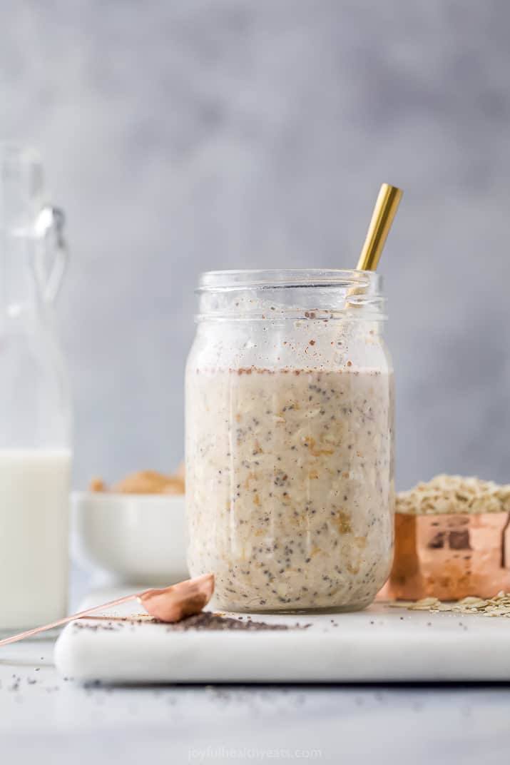 jar with oats, milk and peanut butter