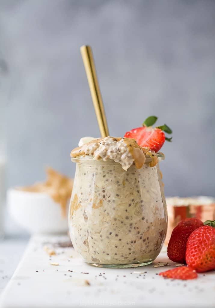 overnight oats with peanut butter and a spoon
