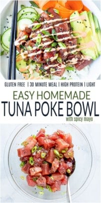 A Picture of an Assembled Tuna Bowl Over a Photo of the Tuna Marinating