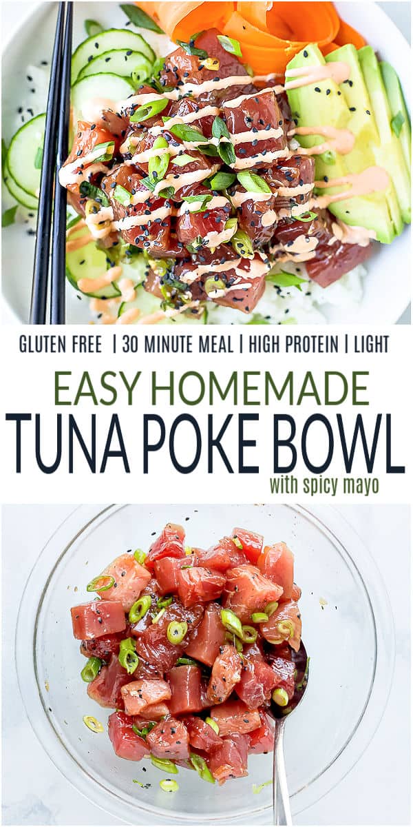 A Picture of an Assembled Tuna Bowl Over a Photo of the Tuna Marinating