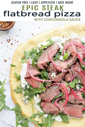 pinterest image for steak flatbread pizza