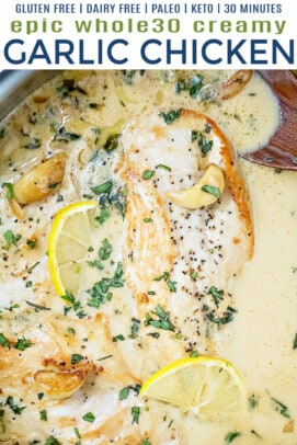 pinterst image for Whole30 Creamy Garlic Chicken Recipe