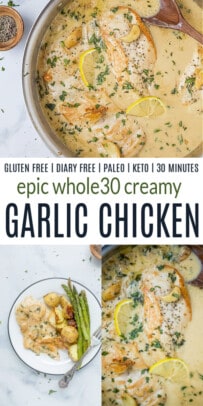 pinterst image for Whole30 Creamy Garlic Chicken Recipe